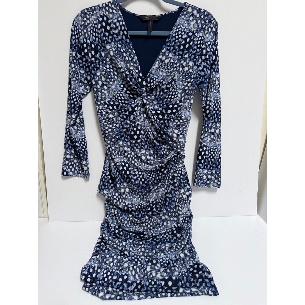 BCBGMAXAZRIA Navy Blue White Abstract Print Twist Front Ruched Bodycon Dress